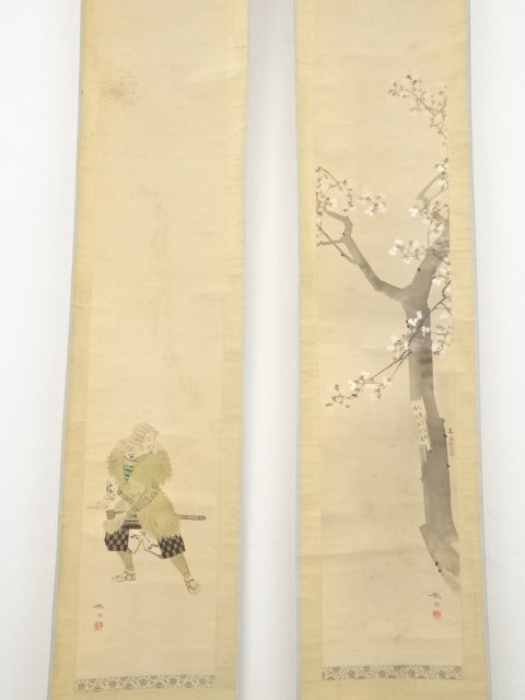 道具 ] - 道具 松本楓湖筆 児島高徳桜 双幅 肉筆絹本掛軸（共箱）□z